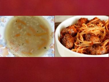Oběd 31  Kroupová polévka a špagety s kroketami